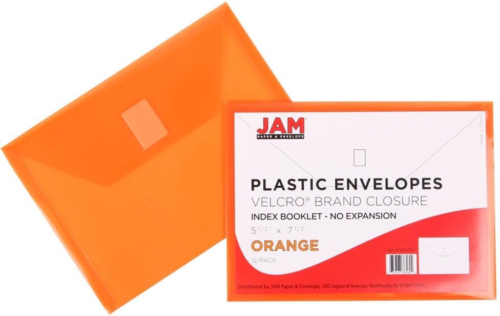 JAM PAPER Plastic Envelopes with Hook & Loop Closure - Index - 5 1/2 x 7 1/2 - Orange - 3/Pack