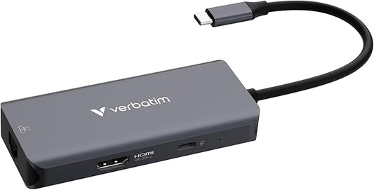 Verbatim USB-C Essentials Multiport Hub– 6 Ports: (3) USB-A 3.0/3.2 Gen 1, (1) USB-C 3.0/3.2 Gen 1, RJ45 Ethernet, 4K HDMI and Up to 100W Power Delivery