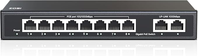 ZOSI 8 Port Gigabit PoE Switch with 2 Gigabit Uplink Port, 96W for 8 PoE+ Ports, IEEE802.3af/at, Unmanaged Ethernet Switch, Plug & Play, Sturdy Metal Casing, Desktop/Wall-Mount