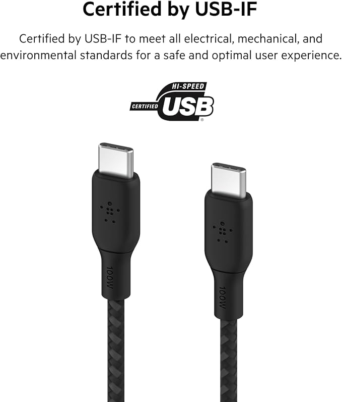 Belkin USB C to USB C Cable, 6.6ft, 100W - Type C Charger, iPhone Charger Cord, Braided, Flexible for iPhone 17, Galaxy S25, Pixel 10, AirPods, iPad Pro, Tablet, Nintendo Switch 2 & More - Black