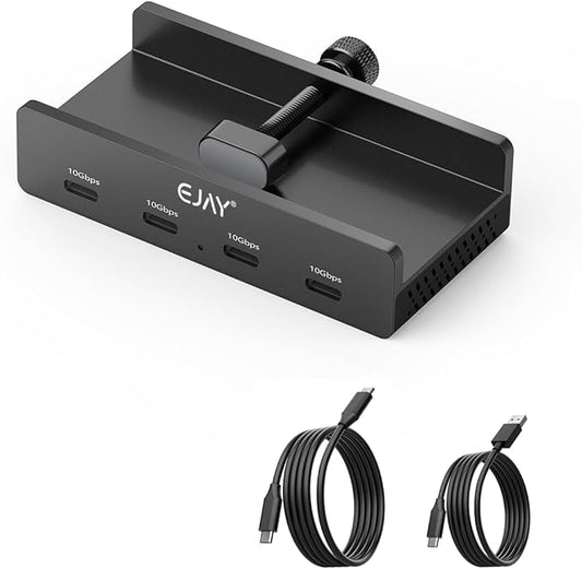 10Gbps USB C Hub - EJAY 4Ports Aluminum USB 3.2 Docking Hub Clamp Design for Desk/Computor with Extra Power Supply Port and 47inches Long Data Cable&39inches Power Cable (BJ-4C-BK)