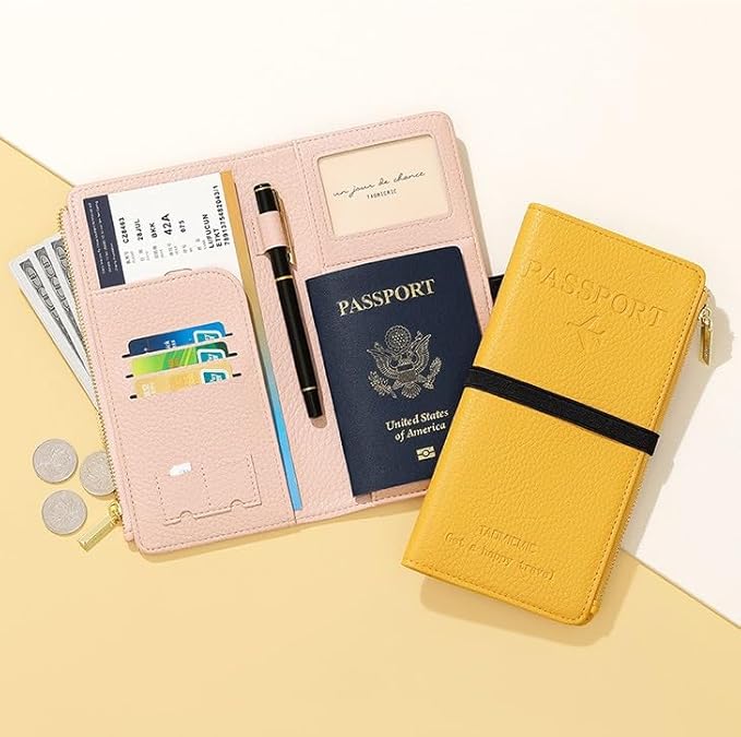 DOB SECHS Leather Passport Holder, RFID Blocking Passport Wallet Credit Cards Case for Women, Travel Accessories Organizer Pouch Bag with ID Window+Zippered Cash Pocket+SIM Slots, Red