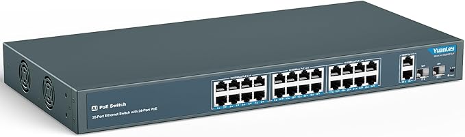 YuanLey 24 Port PoE Switch with 2 Gigabit Ethernet Uplink, 2 SFP Port, 400W PoE+ Port Support 802.3af/at, Unmanaged Network Switch with AI Watchdog, VLAN, Extend to 250m, Rackmount Plug and Play