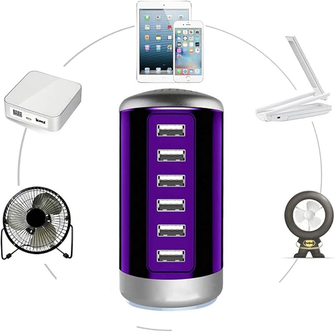 Universal USB Charger 6-Port Desktop USB Charging Station Hub with Smart Identification Technology Compatible with iPhone iPad Cell Phone Tablets(Purple)