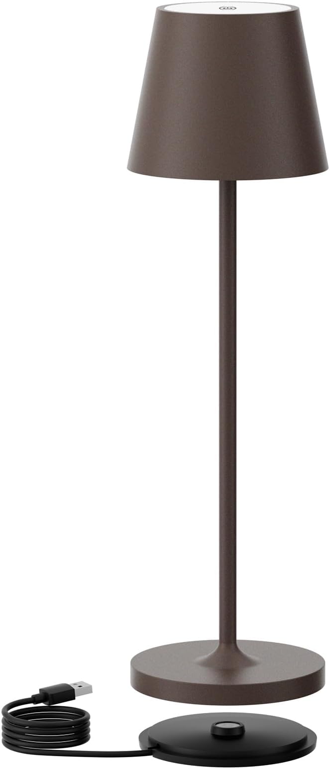 Ralbay IP54 Aluminum Cordless Rechargeable Table Lamp LED Modern Battery Operated 4800mAh Waterproof Portable Stepless Dimmable Desk Lamp for Restaurant/Bedroom/Camping/Outdoor (Rust-Coloured)
