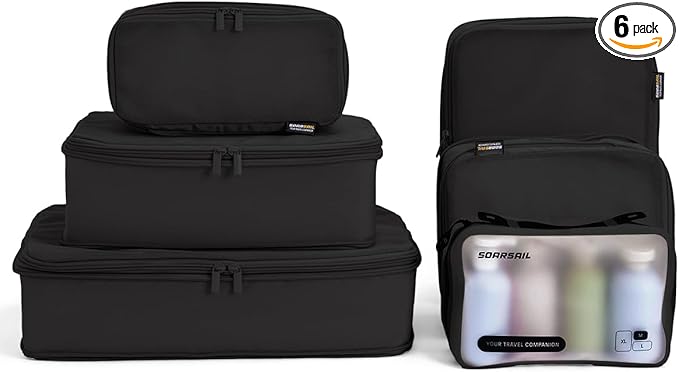 6 Set Compression Packing Cubes for Travel, Large Medium Small Luggage Organizers (Jet Black)