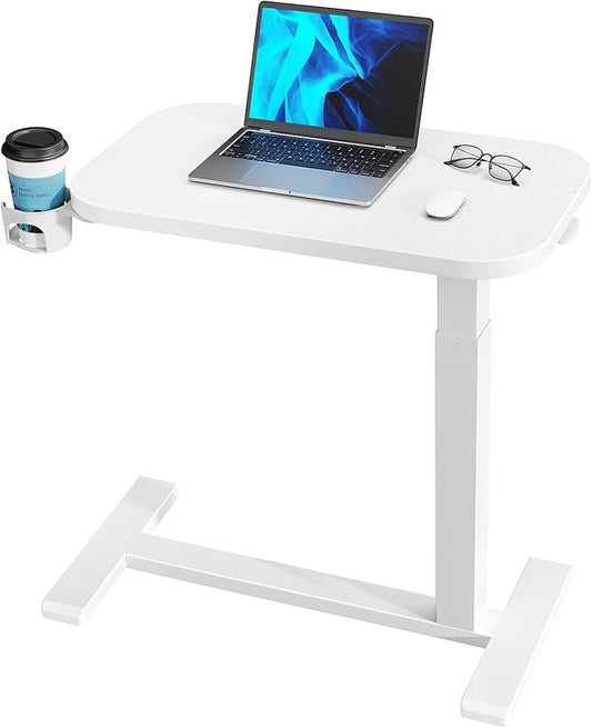 HUANUO Bedside Table with Wheels, Height-Adjustable Rolling Computer Cart, Overbed Table with Cup Holder, Pneumatic Laptop Standing Desk for Home Office, White (27.6" x 15.7")
