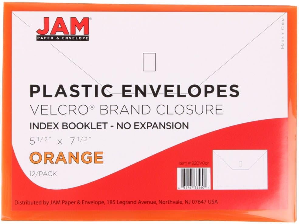 JAM PAPER Plastic Envelopes with Hook & Loop Closure - Index - 5 1/2 x 7 1/2 - Orange - 3/Pack