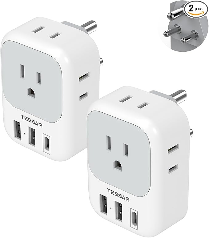 India Plug Adapter 2 Pack, TESSAN Type D Travel Adapter with 4 Outlets 3 USB Charger (1 USB C Port), US to Indian Outlet Adaptor for USA to Bangladesh, India, Kuwait, Maldives