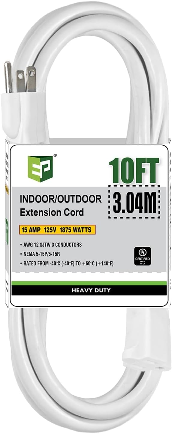 EP 10 Ft Outdoor Extension Cord, 12/3 SJTW Heavy Duty Extension Cable with 3 Prong Grounded Plug, 15 AMP Power Cord for Lawn, Garden, Appliances, White