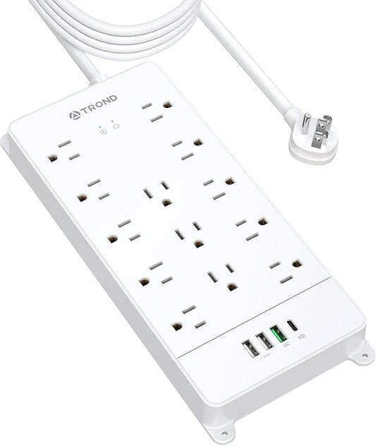 TROND Surge Protector Power Strip 15 ft, Flat Plug Extension Cord, 13 Wide Spaced Outlets, 4000 Joules, 32W Quick Charge 3.0 & USB C, Wall Mount, Under Desk, Heavy Duty, Mountable, ETL Listed, White