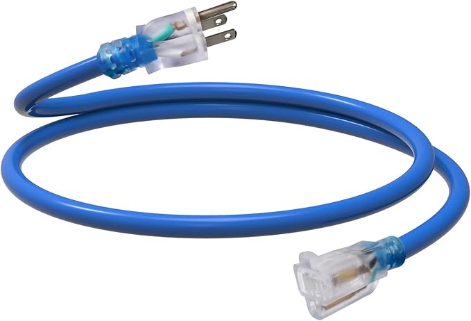 EP 3 Ft Outdoor Extension Cord, 12/3 SJTW Heavy Duty Waterproof Power Cable, 3 Prong Grounded Plug, Lighted End, for Lawn, Garden, Appliances, Blue