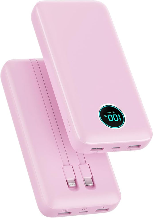 Portable Charger 40,800mAh Power Bank, 25W PD QC 4.0 Fast Charging Portable Phone Charger with Built-in Cables,LCD Display USB C Battery Pack Compatible with iPhone 16/15/14,Android Samsung (Pink)