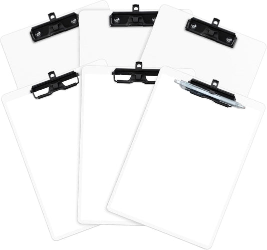 White Clipboard with Pen Holder, Set of 6 Plastic Clipboard with Low Profile Metal Clip, Hanging Clipboards Holds 8.5x11 Inch Papers, Standard A4 Letter Size Clip Boards for Office & School