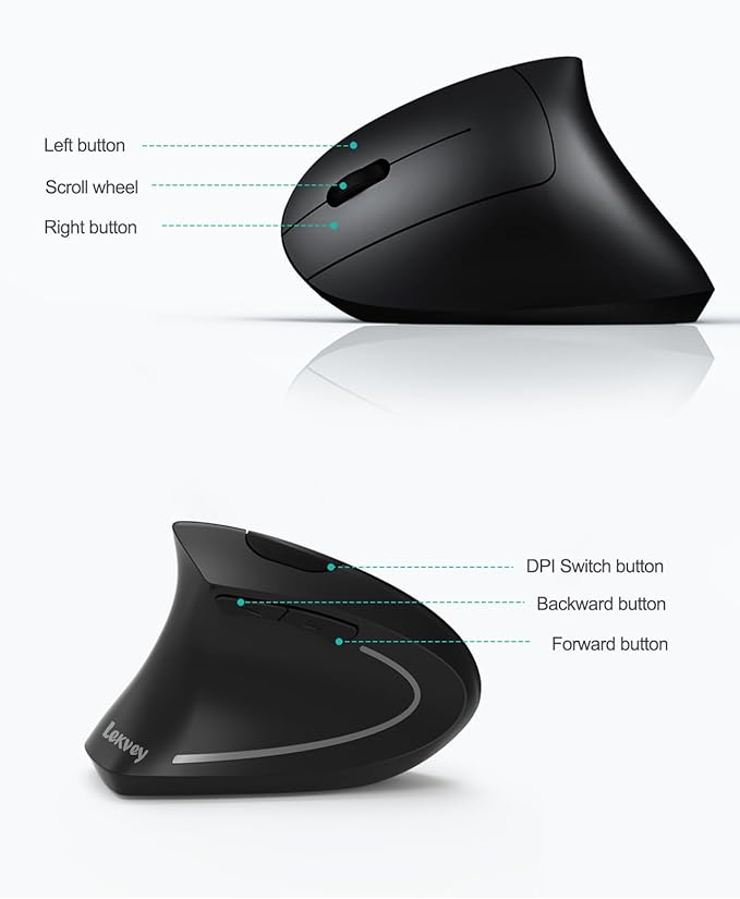 Lekvey Left Handed Ergonomic Mouse, Vertical Wireless Mouse for Left Hand, 2.4G USB Carpal Tunnel Lefty Mouse, 3 Adjustable DPI, 6 Buttons, for Laptop, PC, Computer, Mac, Windows, Desktop - Black