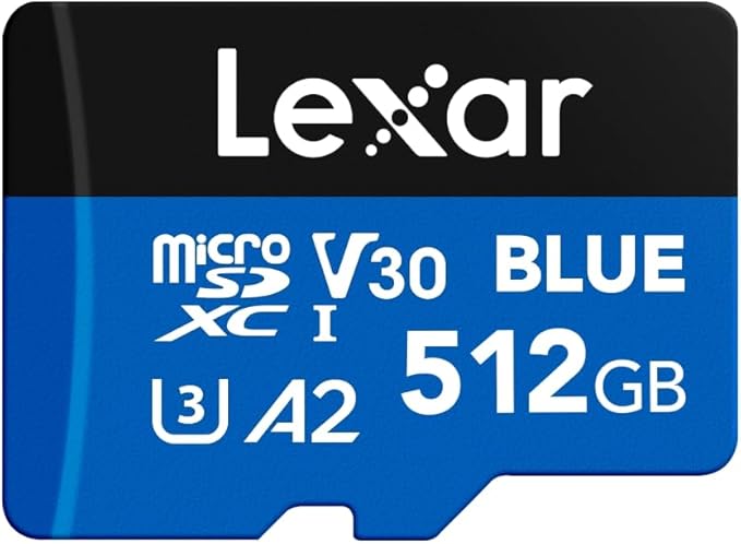 Lexar 512GB Blue Micro SD Card Up to 160MB/s, microSDXC UHS-I Memory Card with SD Adapter, C10, U3, A2, V30, Full HD, 4K UHD, High Speed TF Card