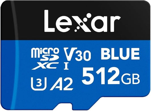 Lexar 512GB Blue Micro SD Card Up to 160MB/s, microSDXC UHS-I Memory Card with SD Adapter, C10, U3, A2, V30, Full HD, 4K UHD, High Speed TF Card
