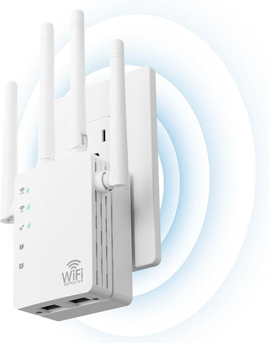 WiFi Extender with Ethernet Port, Covers Up to 13888 Sq.ft and 150+ Devices, WiFi Extender Signal Booster with Dual Band 5GHz/2.4GHz, Antennas, Ethernet Port & EasyMesh, 1-Tap Setup