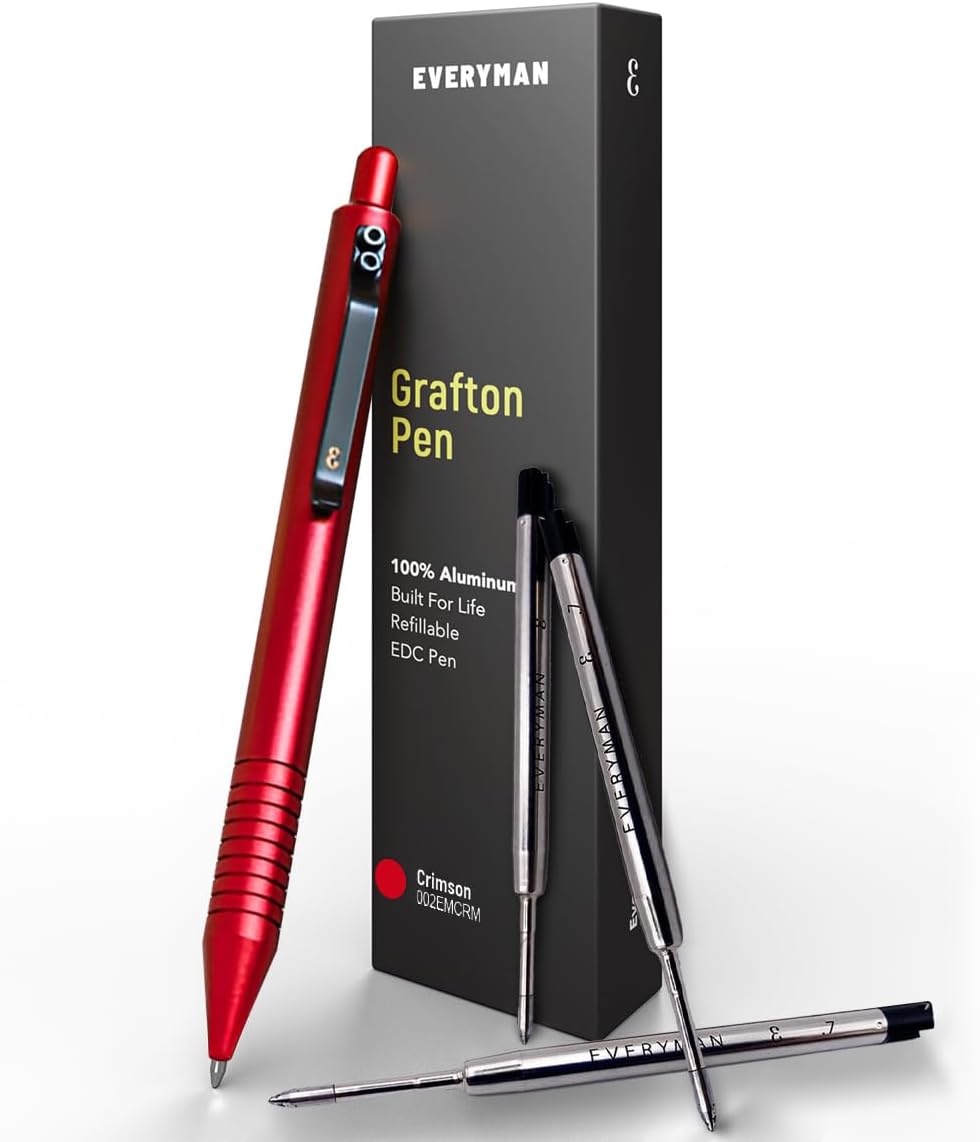 Everyman Grafton Gel Ink Pen Bundle, Crimson | Premium 0.7mm Refillable Metal Pen with Comfortable Grip + 3 Black Refills | Smooth Writing EDC Pen Set for Office, Travel, Gifts & Daily Use
