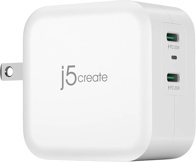 j5create PD 40W Dual Port USB C Wall Charger - Fast Charging for iPhone 15, 15 Plus, 15 Pro, 15 Pro Max, 14, 13, 12, 11, Galaxy S23, S22, S21, iPad, AirPods & More (JUP2440)