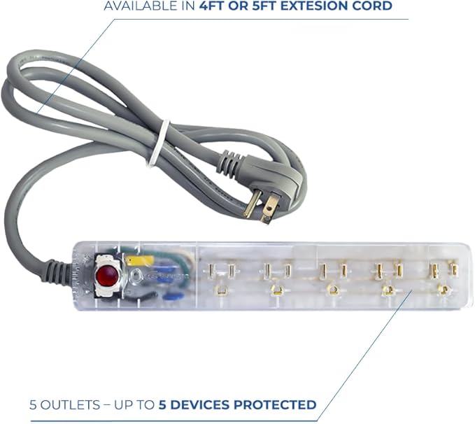 Clamper Power Strip 5-Outlet 4ft Extension Cord, Short Circuit Protection, Surge Protector 1800 Joules, 1875W, for TV, PC, Xbox, PS5 and Other Appliances, Home and Office, iCLAMPER Power 5 Clear