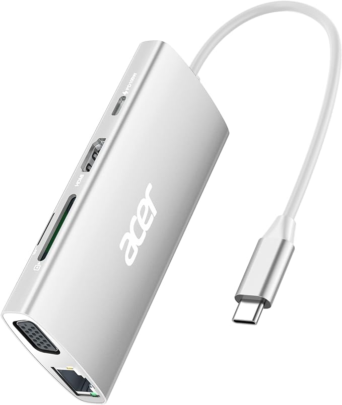 Acer USB C Hub with 4k@30Hz HDMI, 9-in-1 USB C to Ethernet Adapter, 5Gbps USB-A 3.1 Docking Station, PD 100W Charging, SD Card Reader, USB to VGA Splitter for MacBook, Acer, Laptops, Surface (Silver)