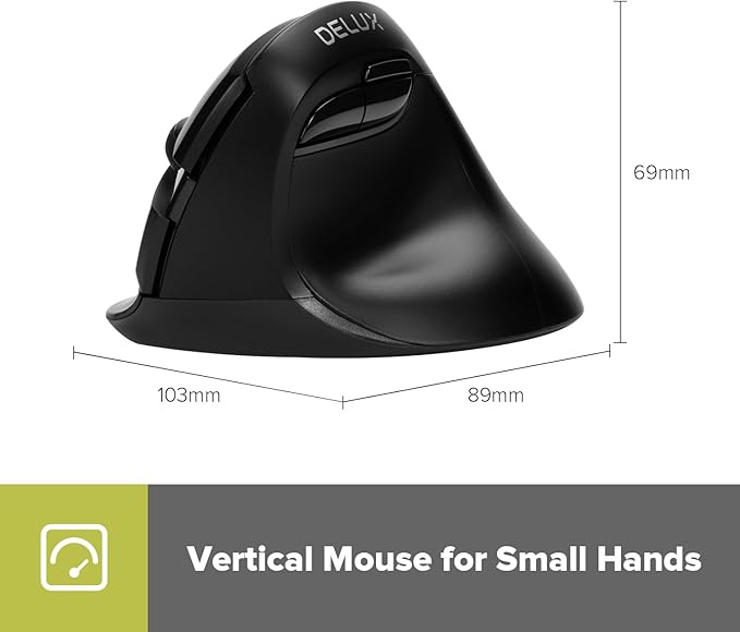 DeLUX Wireless Small Ergonomic Mouse, Silent BT Vertical Mouse, 6 Buttons and 4000 DPI, Reduce Wrist Pain and Hand Pressure, for PC Computer Laptop (M618Mini DB-Black)