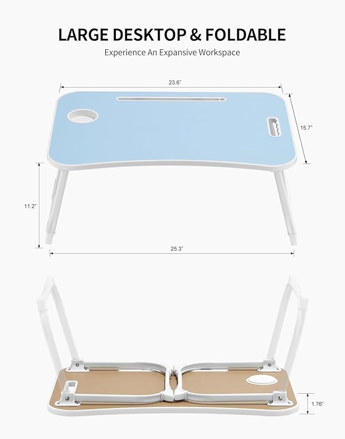 Laptop Bed Desk, Foldable Lap Table, Portable Study Table, Laptop Stand with Cup Holder & Tablet Slot & Lifting Handle for Working Writing Drawing & Eating - Blue