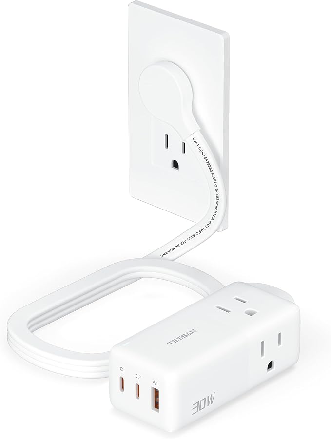 TESSAN USB Charging Station PD 30W, Flat Plug USB C Charger Blocks with 3 AC Outlets, Desktop Phone Fast Charger with 5FT Extension Cord for Phone Tablet Laptop, Travel, Office