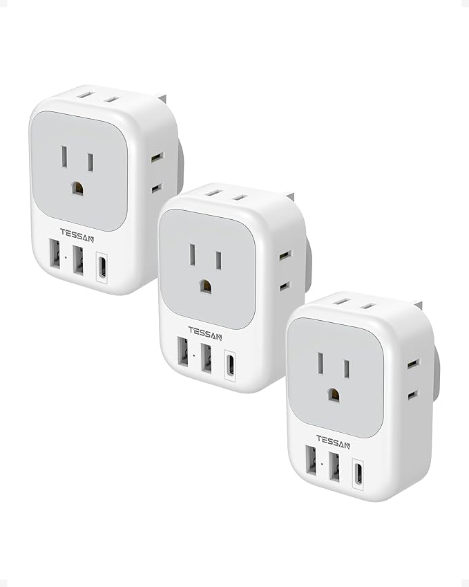 US to UK Plug Adapter 3 Pack, TESSAN Type G Adapter for Travel with 4 Outlets 3 USB Charger(1 USB C), Ireland Power Adaptor for USA to England London Scotland Dubai Singapore Hong Kong Qatar
