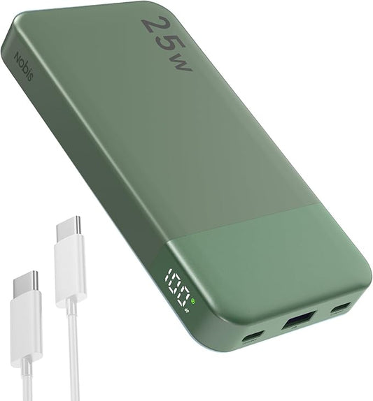 NOBIS Portable Charger, 10000mAh Power Bank Fast Charging, Battery Pack with C to C Cable, Battery Bank with Digital Display for iPhone iPad Android etc (Green, 25W)