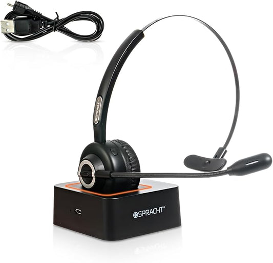 Spracht Wireless Bluetooth Headset, Noise Cancelling Single Ear Headphones with Base, Adapter & USB Cable, Trucker Head Set with Mic, 15 Hr Battery, All Day Comfort, Remote Mobile Office (ZumBT)
