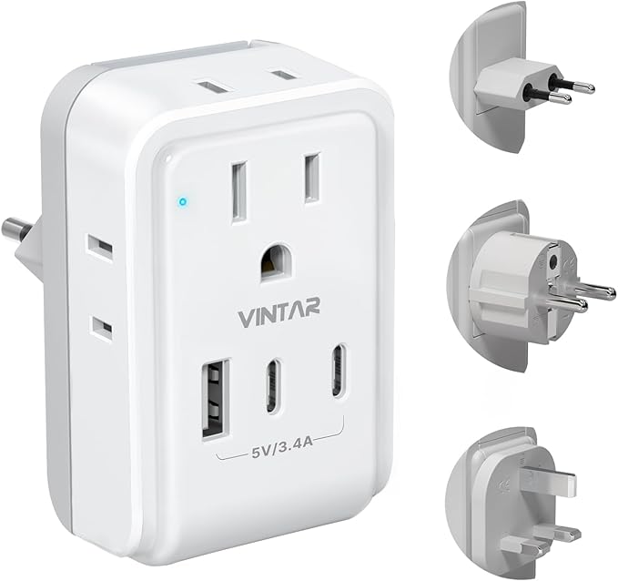 VINTAR European Travel Plug Adapter Kit, Adapter for Europe Plug with 3 USB Ports (2 USB C) 4 AC Outlets, Type C,G,E/F Detachable Attachments, International Power Adapter for Europe UK France Italy