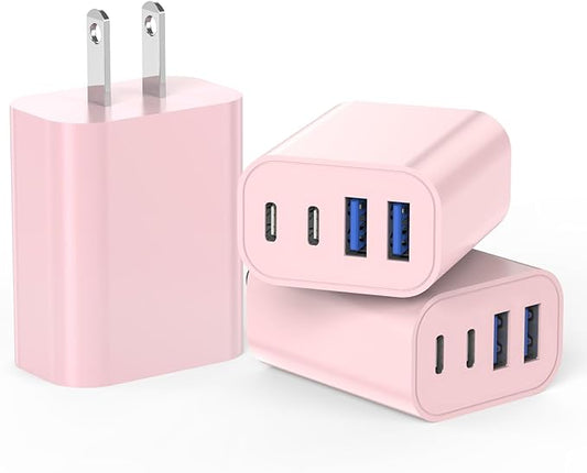 3Pack 4-Port USB C Fast Charging Block,40W iPhone 16 Charger Adapter for PD Power Adapter & QC Wall Plug,Multiport USB C Charging Block Apple Cube for iPhone 17/17 Pro/Air/16/15 Pro Max/14/13/12(Pink)