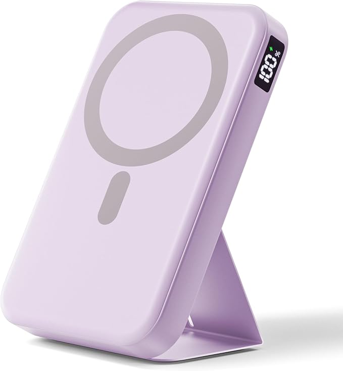 Magnetic Power Bank, 10000mAh Wireless Portable Charger with 20W USB-C Fast Charging, Foldable Stand & LED Display Battery Pack, Compatible with iPhone 16/15/14/13/12, Light Purple