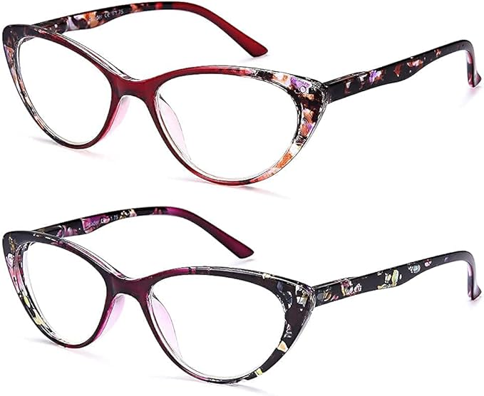 EYEURL Cat Eye Reading Glasses for Womens 2 Pack of Blue Light Blocking Readers +3.0 Spring Hinge Vintage Computer Eyeglass with Colorful Pattern Design