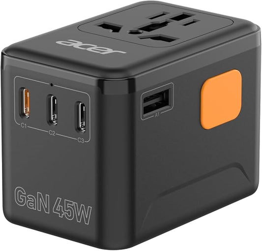 Acer 45W GaN Universal Travel Plug Adapter - International Power Adapter with 3 USB C & 1 USB A, Worldwide Power Outlet Travel Essentials for USA to European UK AUS Ireland, Type C/G/I/A, Black