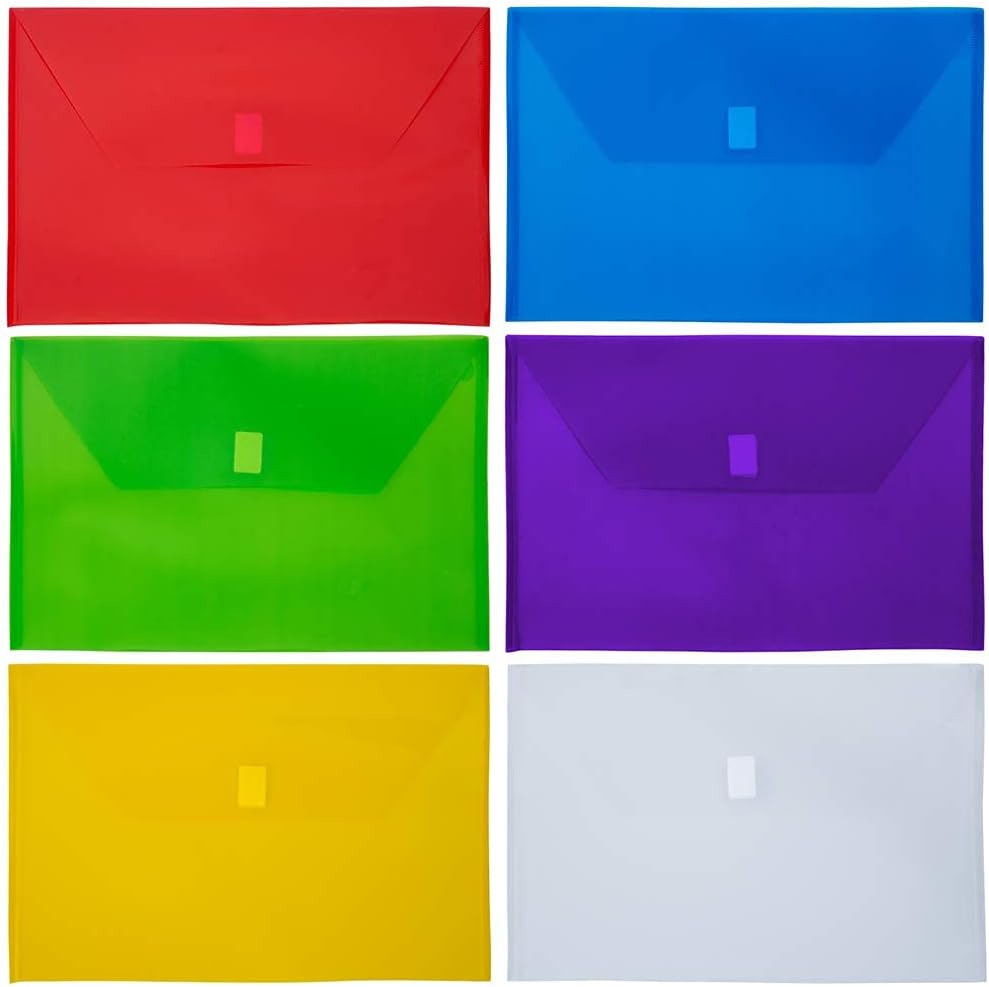 JAM PAPER Plastic Envelopes with Hook & Loop Closure - Legal Booklet - 9 3/4 x 14 1/2 - Assorted Colors - 6/Pack