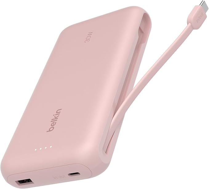 Belkin Portable Charger, Power Bank with Integrated Cable 20000 mAh 30W - Fast Charging USB C Power Delivery, iPhone Charger - iPhone 17, Air, Pro, Pro Max, iPad, Galaxy S25, & More - Pink