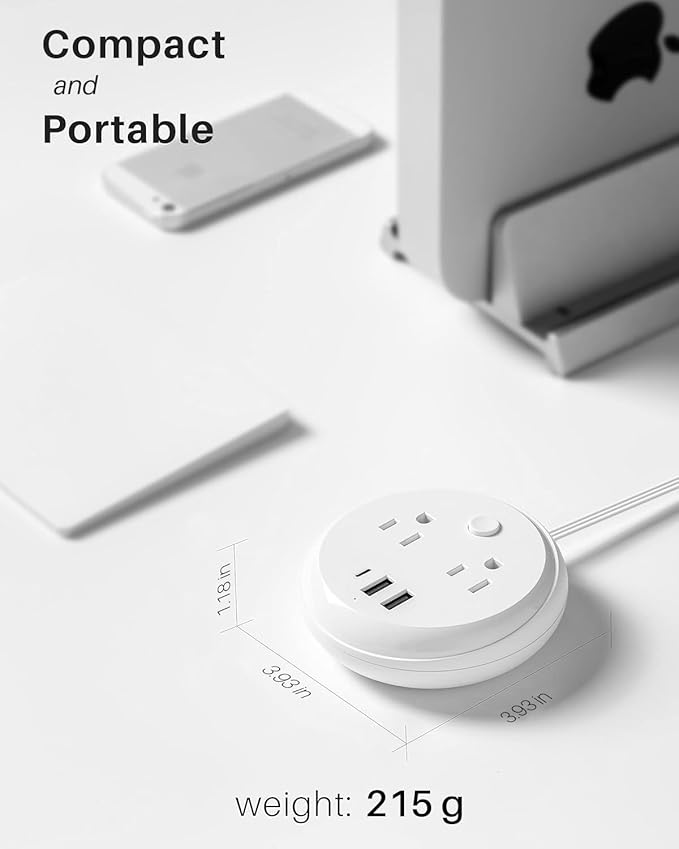 Flat Plug Power Strip with USB C Ports, KOOSLA Travel Extension Cord No Surge Protection - 2 Outlets 3 USB Ports(1250W) - Cruise Essentials for Cruise Ship, Home, Office, Dorm Room, 5ft