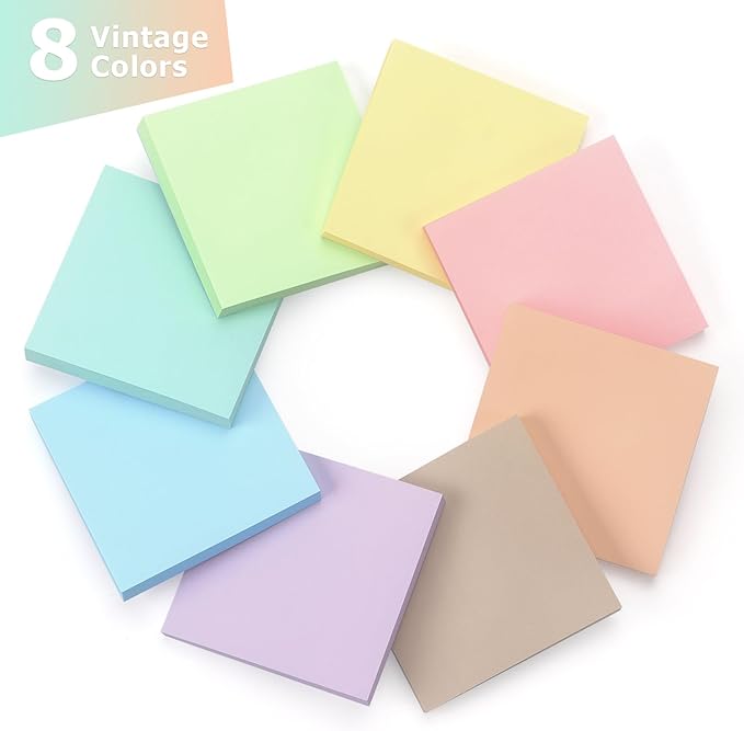 Sticky Notes 3x3inch, 8 Pads Self-Stick Notes, 8 Pastel Multi Colors with Gray Note Pads, Suitable for School, Home, Office, 80 Sheets/Pad