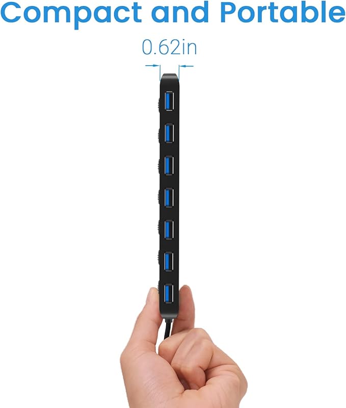 atolla USB 3.0 hub, 7 ports, Multi USB 3.0, SuperSpeed 5 Gbit/s, USB adapter with 7 switches and individual indicators, compatible with Windows, Mac OS, Linux and other operating systems