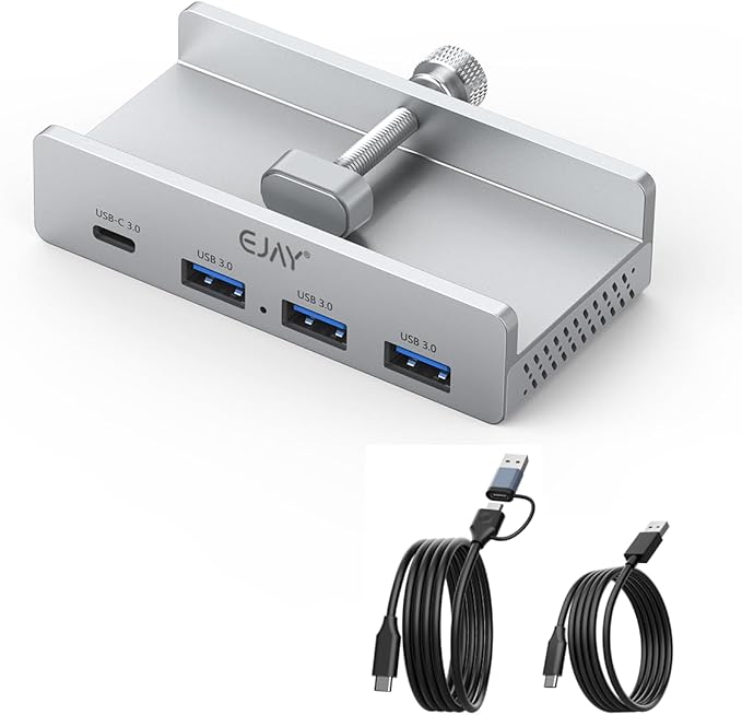EJAY Mountable 4Ports USB3.0 HUB Alu Desktop Clamp Type C USB3.0 Splitter for Desk/Monitors with Extra Power Supply Port,59inches Data & 39inches Power Cables-5Gbps (BJ-3A1C-SV)