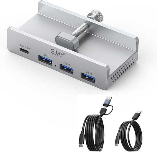 EJAY Mountable 4Ports USB3.0 HUB Alu Desktop Clamp Type C USB3.0 Splitter for Desk/Monitors with Extra Power Supply Port,59inches Data & 39inches Power Cables-5Gbps (BJ-3A1C-SV)