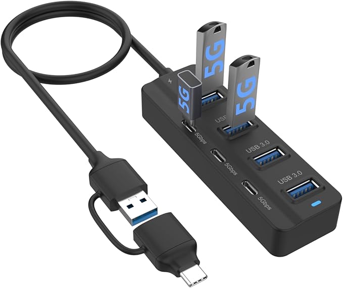 USB C Hub, 5Gbps 7 Ports USB 3.0, USB Hub with USB C Long Cable USB Splitter Multiport Adapter Compatible with Thunderbolt3/4,MacBook, iMac, Surface Pro