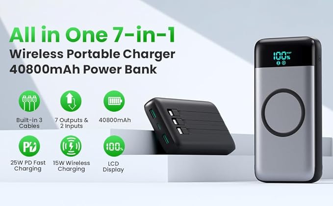 Wireless Portable Charger 40800mAh for iPhone with 3 Built-in Cables,7-in-1 15W Wireless Charging USB C Power Bank,LCD Display 25W PD QC 4.0 Fast Charging Battery Pack for iPhone 16/15/14,Android etc