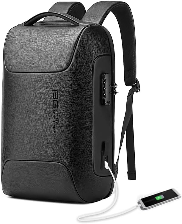 BANGE Black Genuine Leather Laptop Backpack for Men，Anti Theft Business Backpack with USB3.0 Charging Port, Smart Professional Lightweight Travel Backpacks for 15.6 Inch Laptop…