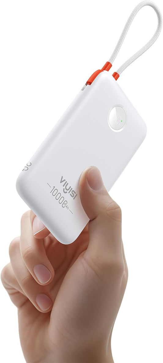 Slim Portable Charger 10000mAh, Travel Power Bank with Built-in USB-C Cable & LED Display, 22.5W Fast Charging Battery Pack Compatible with iPhone 16 15 Samsung S24 S23 -White