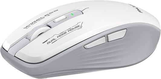 Wireless Mouse (Bluetooth & 2.4GHz USB) with Forward/Backward Side Keys, Silent Click, Ergonomic Portable AA Battery Mice for Laptop/Mac/iPad - Office & Travel Use, White & Grey