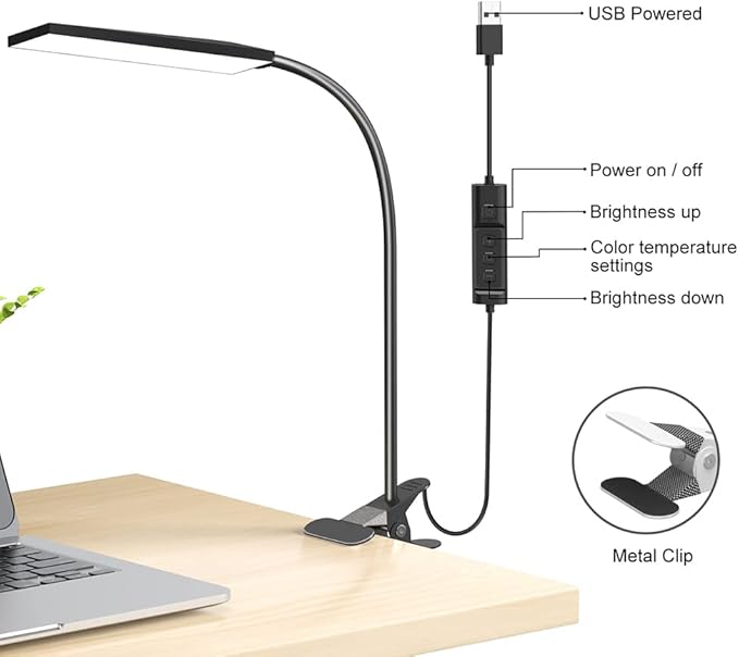 RAOYI LED Desk Lamp, 5W USB Clip on Light Eye-Caring Reading Clamp Table Lamp with 48 LEDs Flexible Gooseneck, 3 Color Modes and 14 Brightness Levels for Office Bedroom Study (Black)